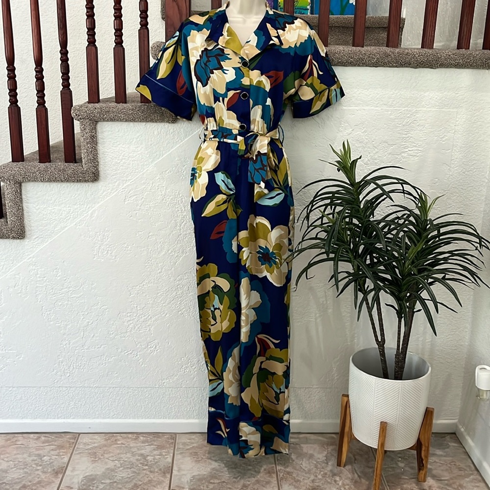 Zara Navy Blue Floral Short Sleeve Jumpsuit